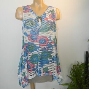 Mirror Image Tunic Women M White Blue Pink Floral Mesh Handkerchief Hem V-Neck